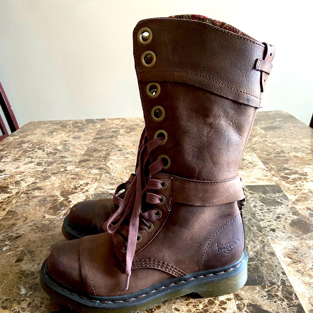 Doc Marten tall lace up boots in brown. Size 6.